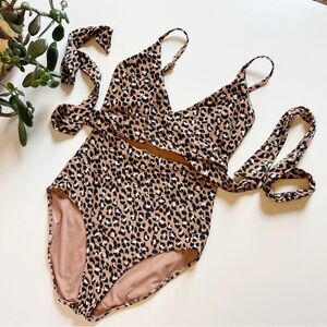 Aerie Leopard Print One Piece Wrap Full Coverage Swimsuit | Small Long